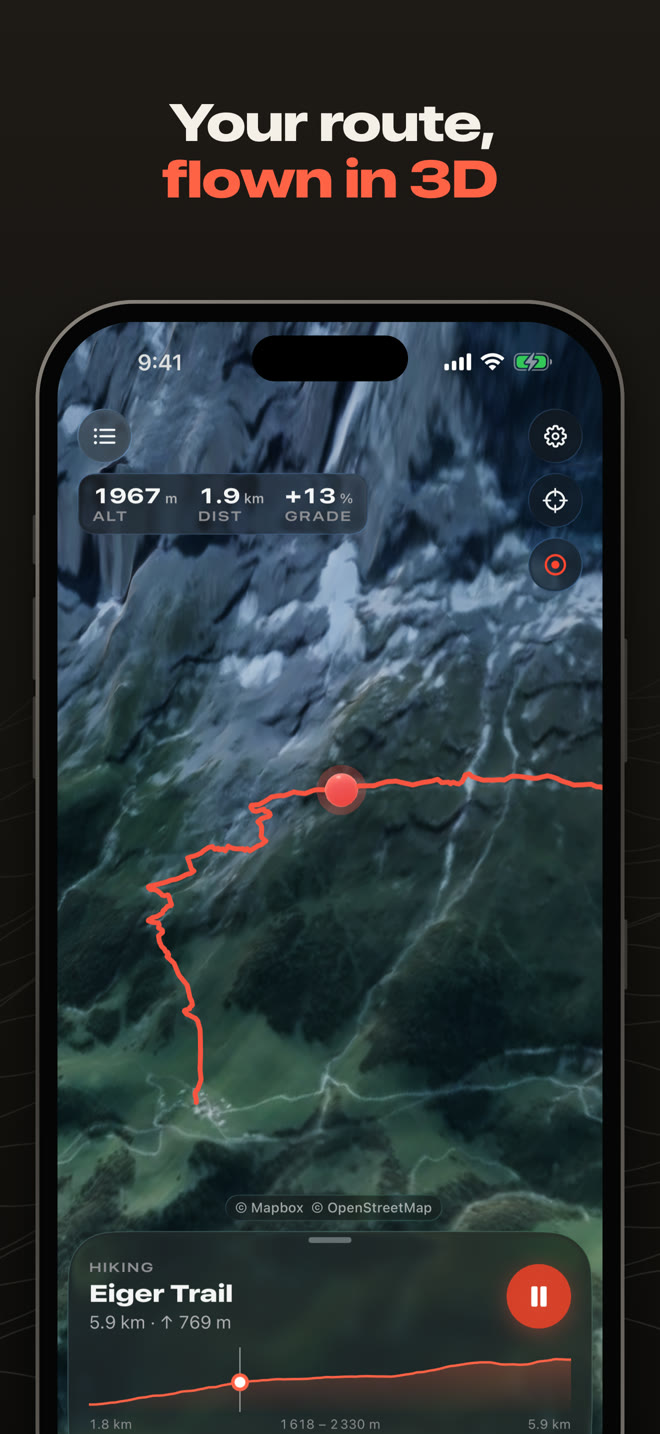 Your route, flown in 3D: the route viewer with a red track over satellite terrain, live altitude, distance and grade at the top, and the route sheet with an elevation profile.