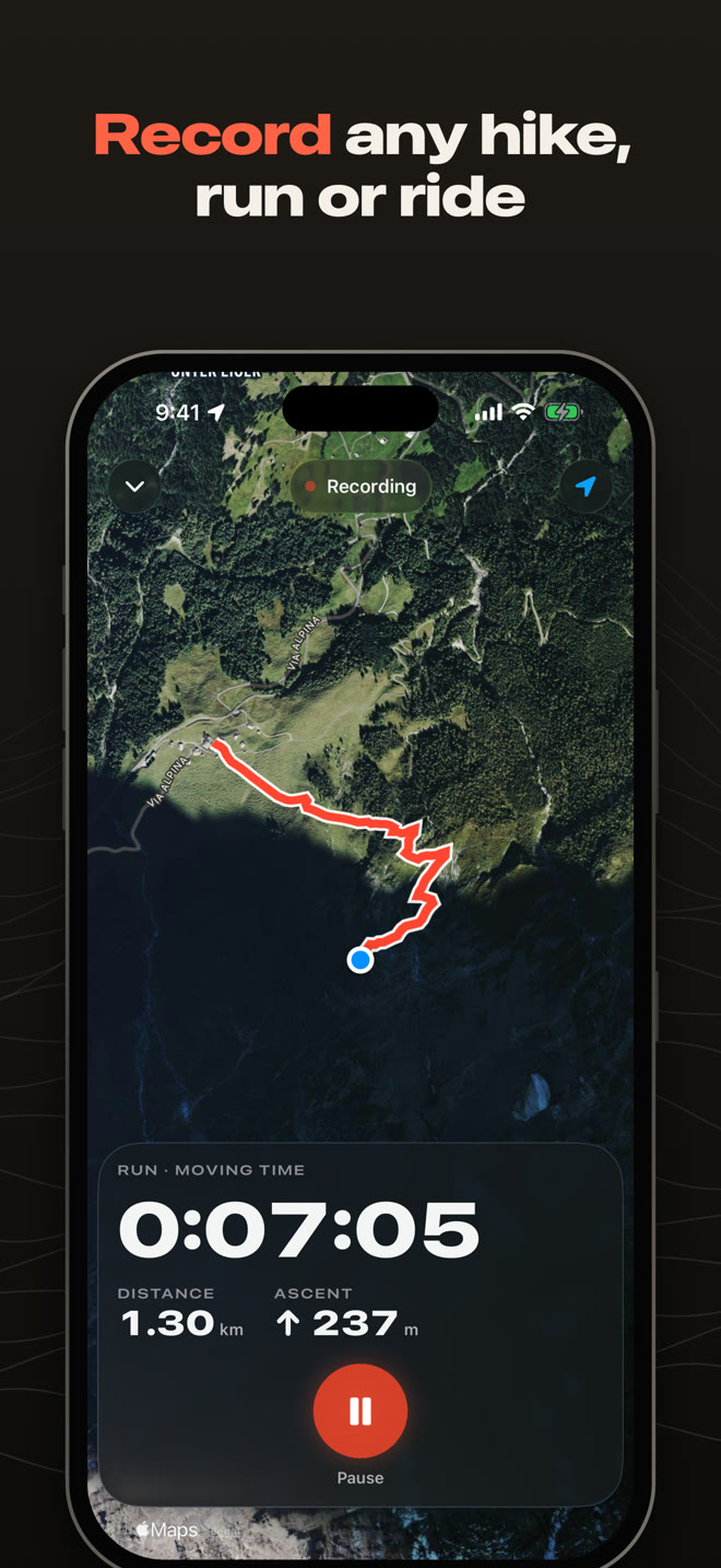 Record any hike, run or ride: the live recording screen with a mini-map, moving time 0:07:05, distance 1.30 km and ascent 237 m.