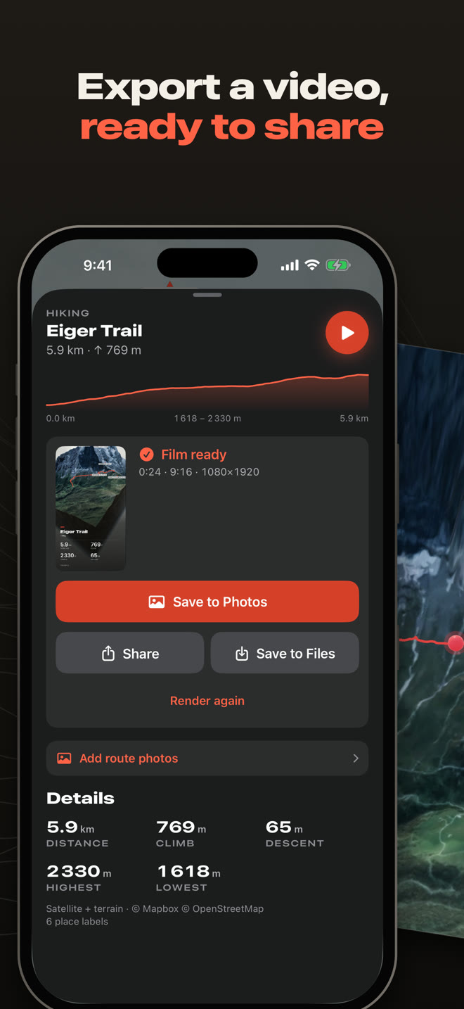 Export a video, ready to share: the finished film with Save to Photos, Share and Save to Files.