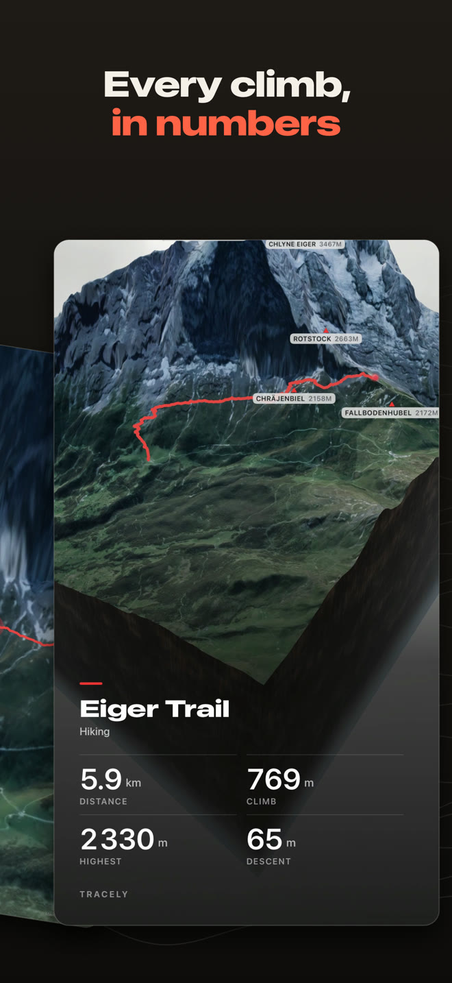 Every climb, in numbers: the film's end card for the Eiger Trail, 5.9 km, 769 m climb, 2330 m highest point, 65 m descent.