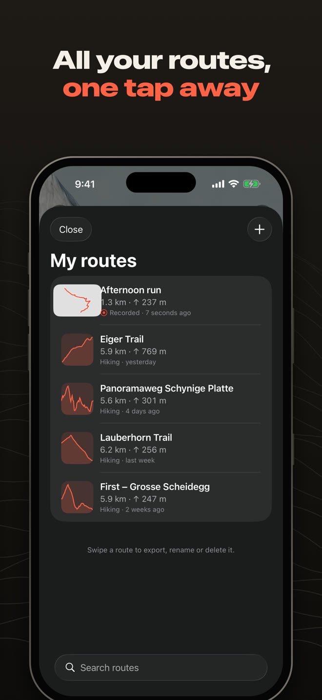 All your routes, one tap away: My routes with five saved routes, each with a track thumbnail, distance and climb.